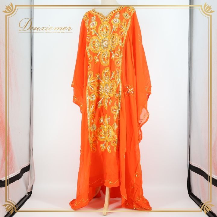 ベリーダンス 衣装 ハリージドレス オレンジ系 スパンコール ビーズ 橙