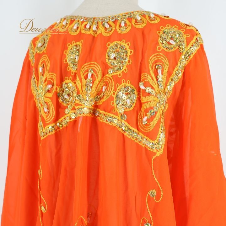 ベリーダンス 衣装 ハリージドレス オレンジ系 スパンコール ビーズ 橙