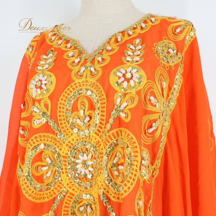 ベリーダンス 衣装 ハリージドレス オレンジ系 スパンコール ビーズ 橙