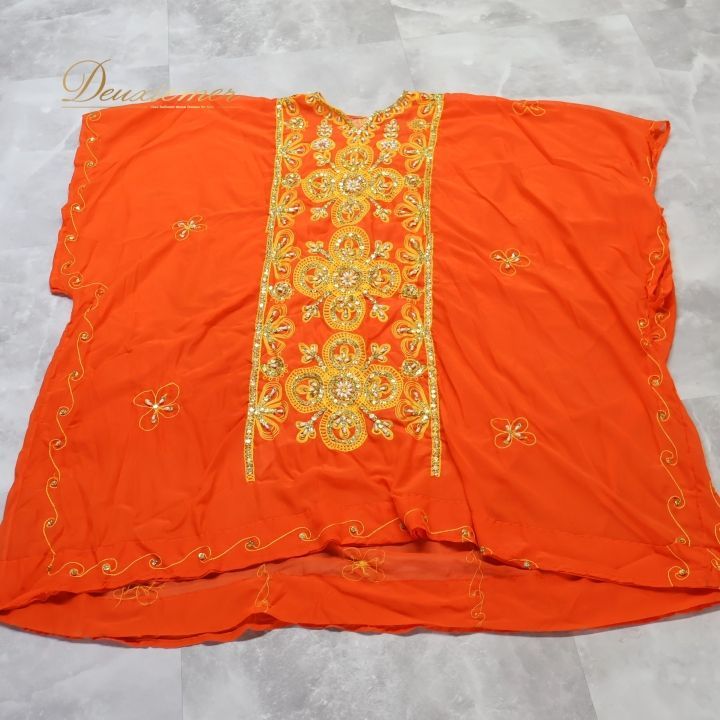 ベリーダンス 衣装 ハリージドレス オレンジ系 スパンコール ビーズ 橙