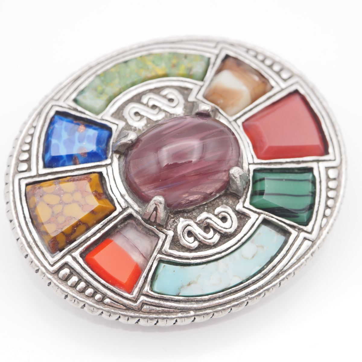 J 991 イギリス ヴィンテージ MIRACLE ミラクル ブローチ 天然石風 シルバー デザイン 英国 アンティーク