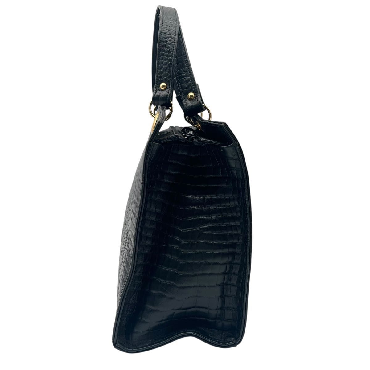 クロコ型押し ハンドバッグ ブラック ゴールド金具 大容量 A4収納 26