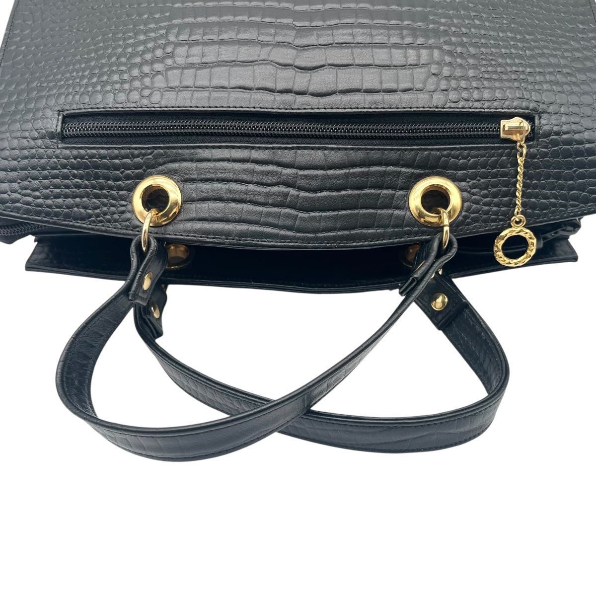 クロコ型押し ハンドバッグ ブラック ゴールド金具 大容量 A4収納 26