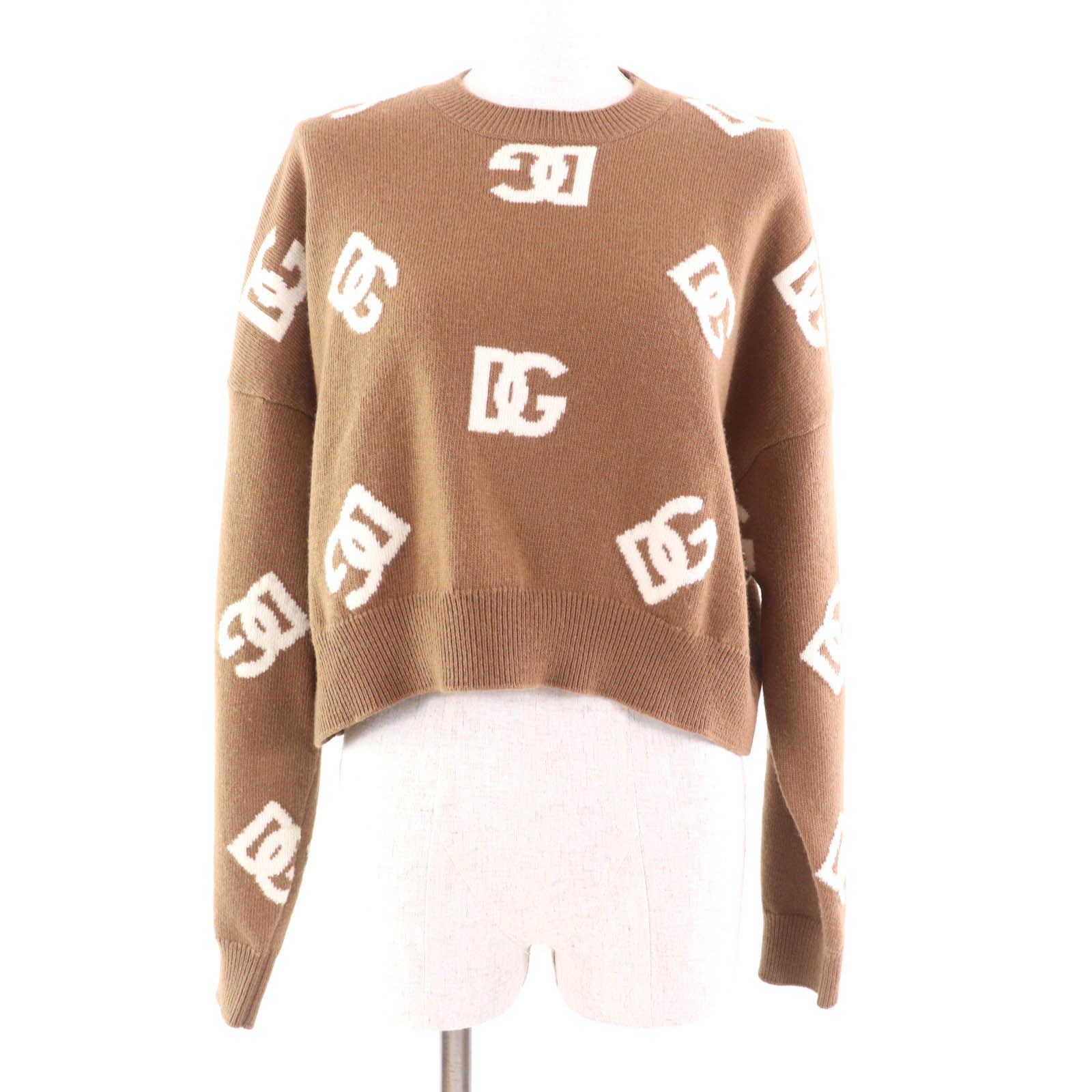 美品★DOLCE&GABBANA ドルチェ＆ガッバーナ 23AW FXM23T ウール100％ DCロゴ クロップド丈 クルーネック 長袖 ニット ブラウン 36 正規品 美品☆DOLCE&GABBANA ドルチェ＆ガッバーナ 23AW FXM23T ウール100