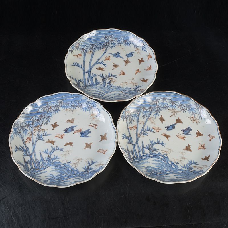 伊万里焼 染錦 竹鳥文 輪花皿 角福銘 三点 N S476 - メルカリ