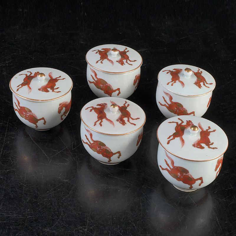 九谷焼 赤絵金彩 双馬文 蓋付煎茶碗 蓋碗 五客 C S477 - メルカリ