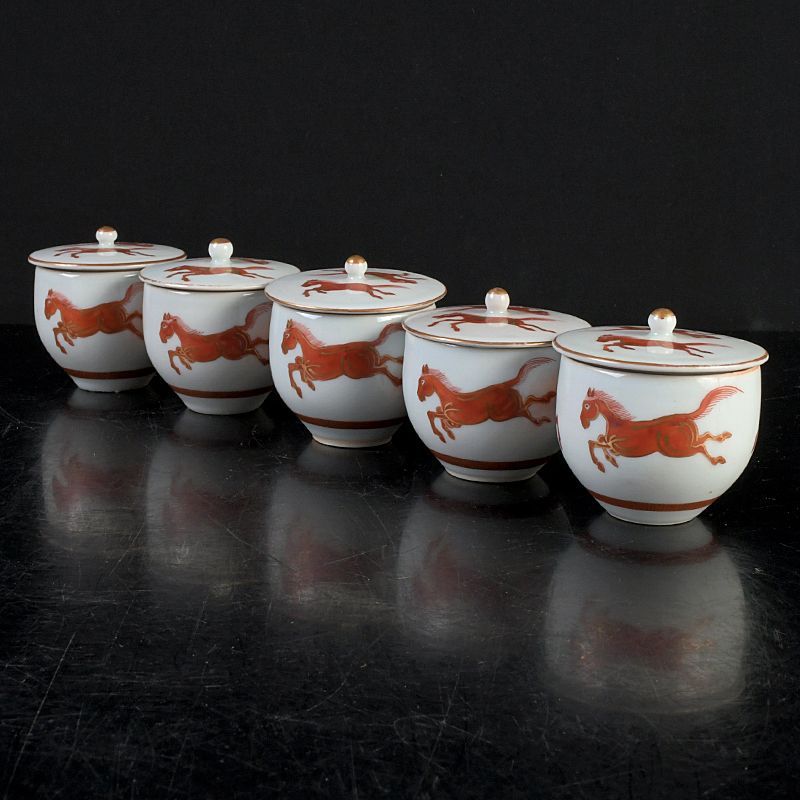 九谷焼 赤絵金彩 双馬文 蓋付煎茶碗 蓋碗 五客 C S477 - メルカリ