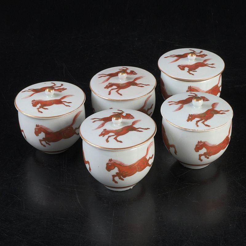 九谷焼 赤絵金彩 双馬文 蓋付煎茶碗 蓋碗 五客 C S477 - メルカリ