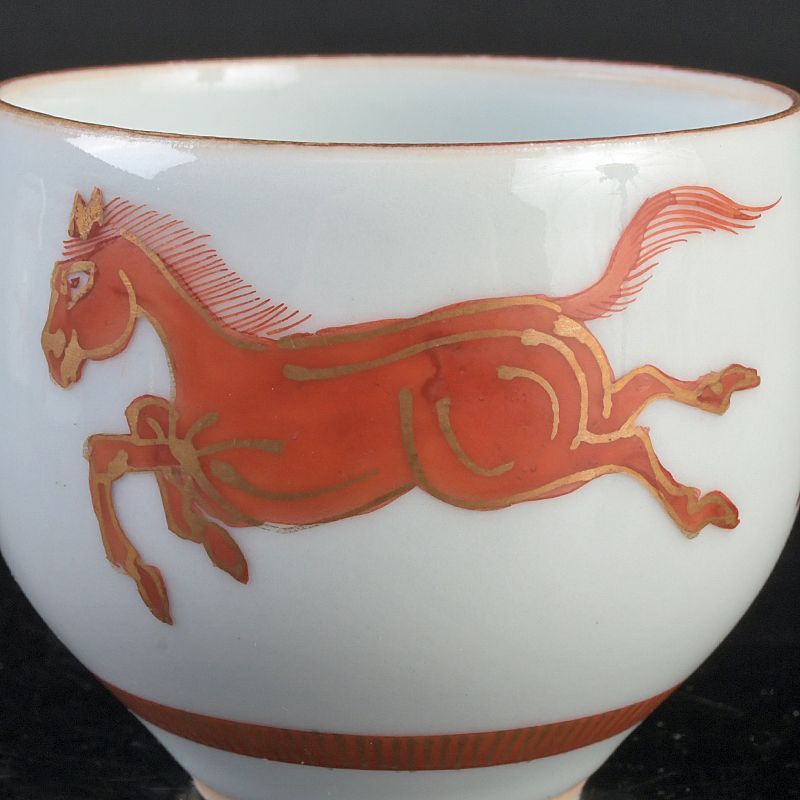 九谷焼 赤絵金彩 双馬文 蓋付煎茶碗 蓋碗 五客 C S477 - メルカリ