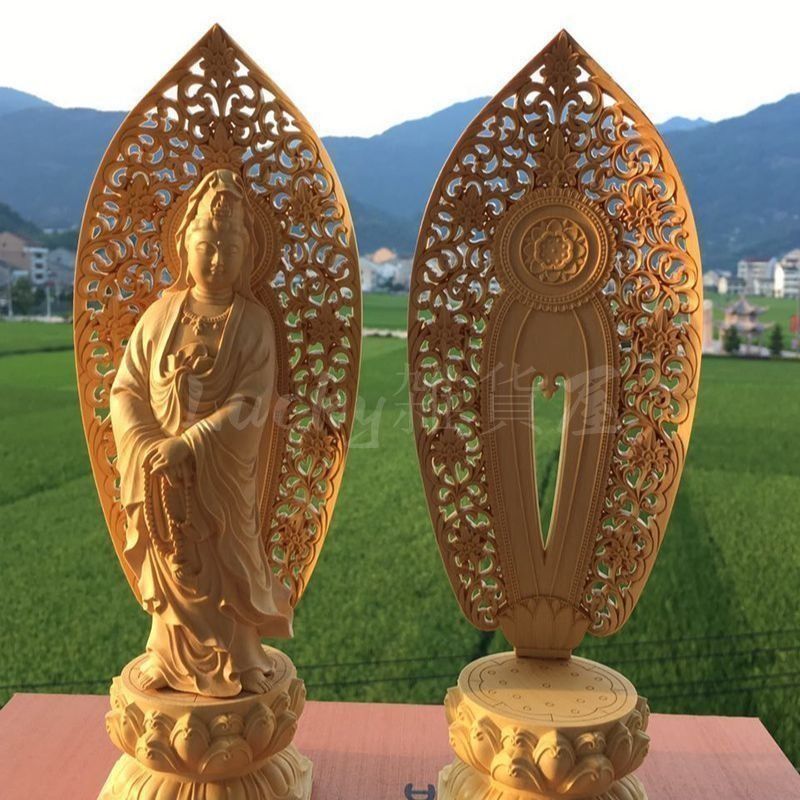 仏像 オブジェ 置物 蓮観音 ツゲの木 木彫り 彫刻 開運 幸運 財運 金運