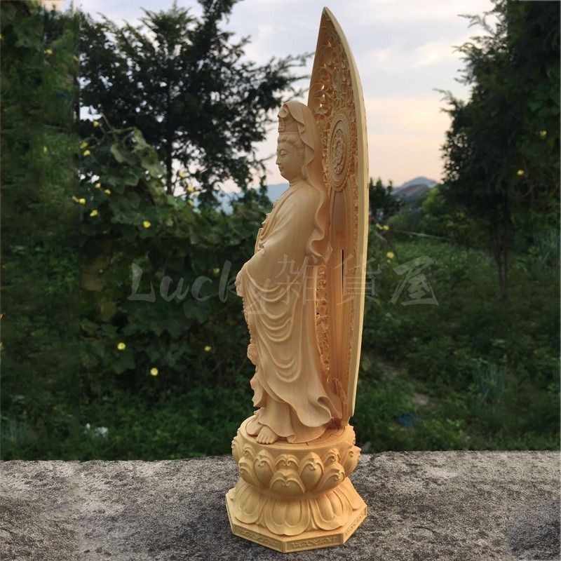 仏像 オブジェ 置物 蓮観音 ツゲの木 木彫り 彫刻 開運 幸運 財運 金運