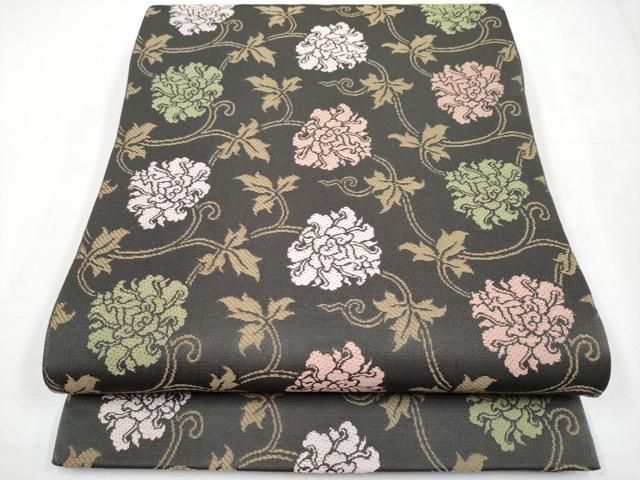 ● 上 龍村美術織物 たつむら錦 六通柄 本袋帯 唐織 彩華牡丹文 檳榔子染色地 証紙 共 き s 6