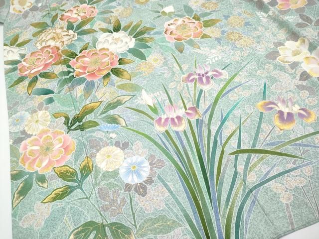 平和屋本店●極上　京友禅の第一人者　松井青々　訪問着　刺繍　草花文　金銀彩　山葵色地　逸品　CYAA4047s6 平和屋本店○極上 京友禅の第一人者 松井青々 訪問着 刺繍 草花文 金銀