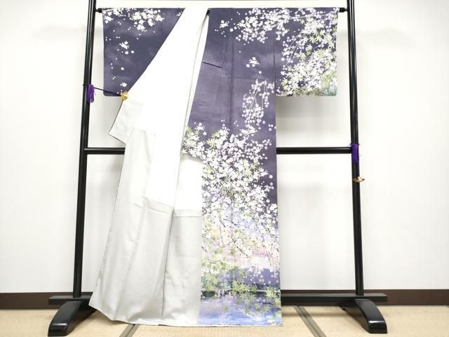 平和屋本店●極上　訪問着　富士山　枝垂れ桜　暈し染め　銀通し地　逸品　CYAA4052s6 平和屋本店○極上 訪問着 富士山 枝垂れ桜 暈し染め 銀通し地 逸品