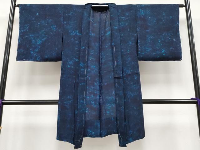 ▽ 上 阿波藍 天然灰汁建 藍染工房 こんや スリーシーズン塵除 長羽織 京都きもの友禅扱 証紙 反端付 ♥ s 6