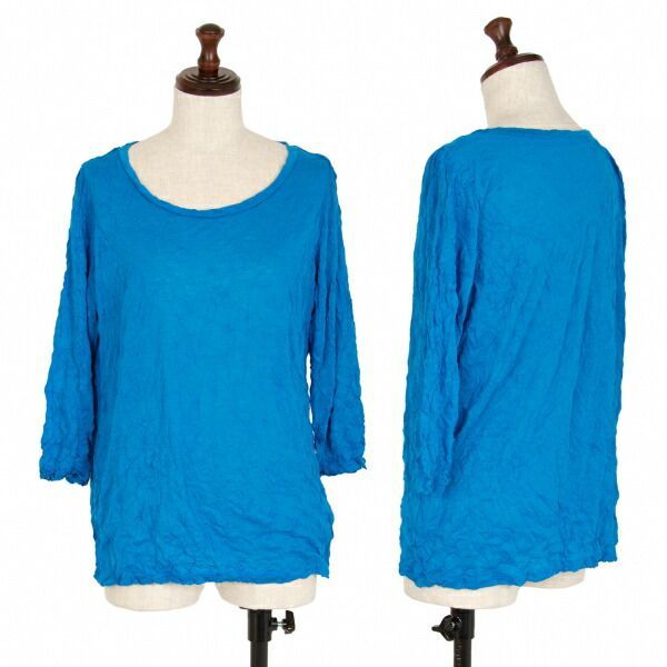 イッセイミヤケ ミーISSEY MIYAKE me シワ加工7部袖カットソー ブルーM