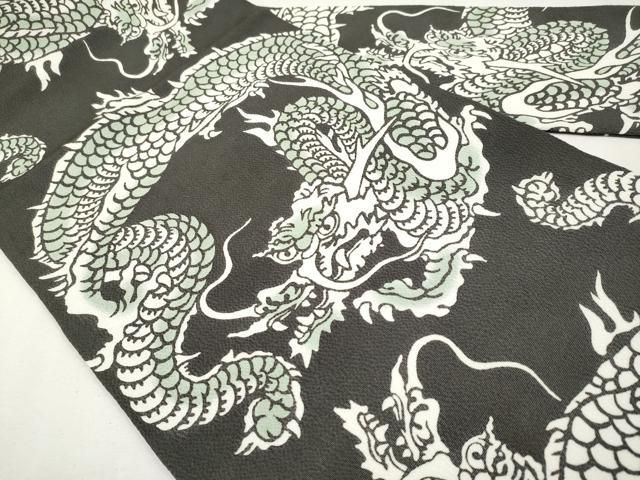 ● 上 和染紅型 栗山紅型 栗山吉三郎 九寸名古屋帯 龍 黒緑色地 鬼しぼ縮緬 s 6