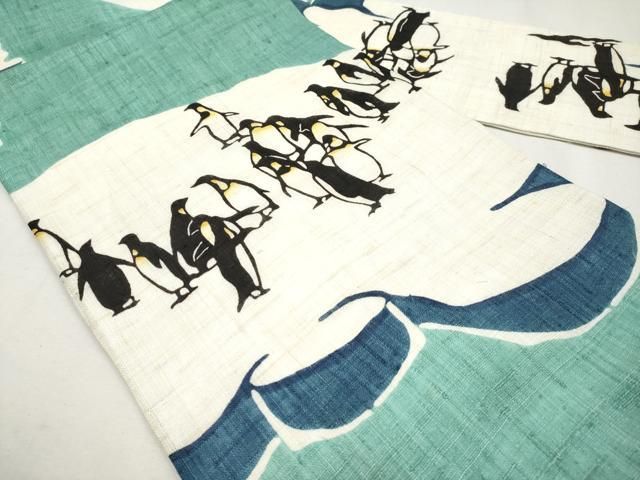 ● 上 夏物 和染紅型 栗山紅型 栗山吉三郎 九寸名古屋帯 ペンギン 青磁色地 麻 s 6