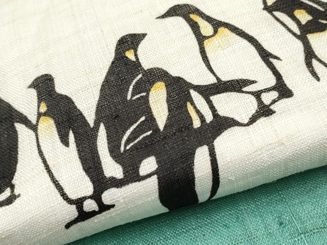  上 夏物 和染紅型 栗山紅型 栗山吉三郎 九寸名古屋帯 ペンギン 青磁色地 麻 s 6 名古屋帯 帯