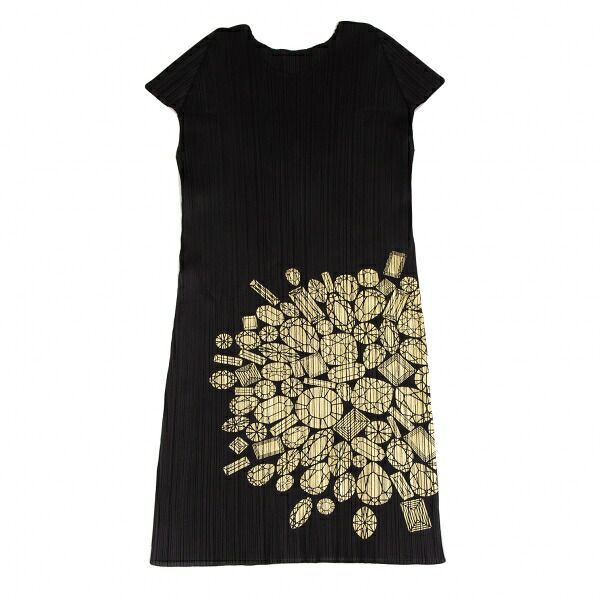 ✨美品✨　プリーツプリーズ　黒×ゴールド　トップス　３ プリーツプリーズPLEATS PLEASE プリーツジュエリー箔プリントフレンチ