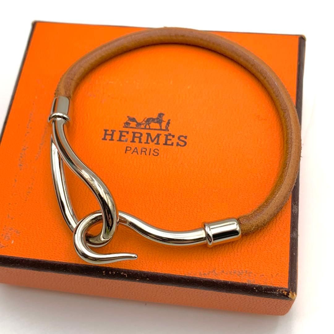 エルメス ジャンボ バングル ブレスレット シルバー ブラウンレザー き