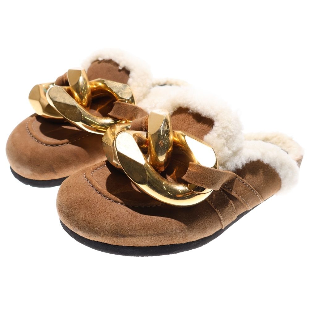 J.W.ANDERSON ジェー ダブリュー アンダーソン ビッグチェーン スエードレザー ボアライニング ローカットシューズ サンダル ミュール ゴールド金具 ブラウン レディース