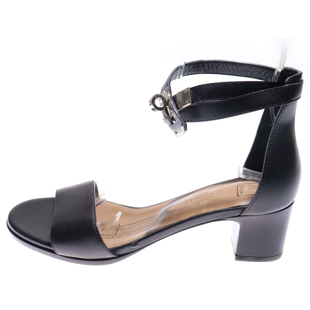 HERMES エルメス マネージュ ケリーバックル レザー ヒール ストラップ サンダル シューズ シルバー金具 ブラック レディース