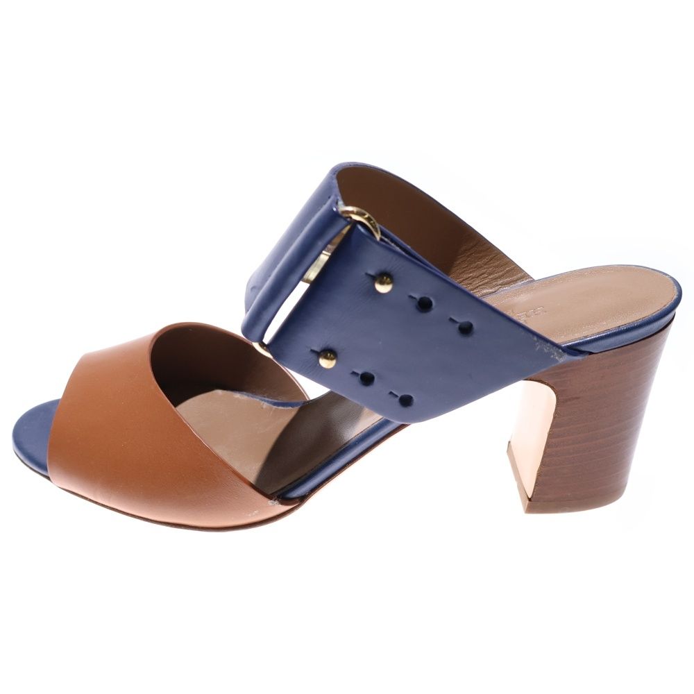 HERMES エルメス レザー ベルト バイカラー ヒール サンダル シューズ ネイビー|ブラウン レディース