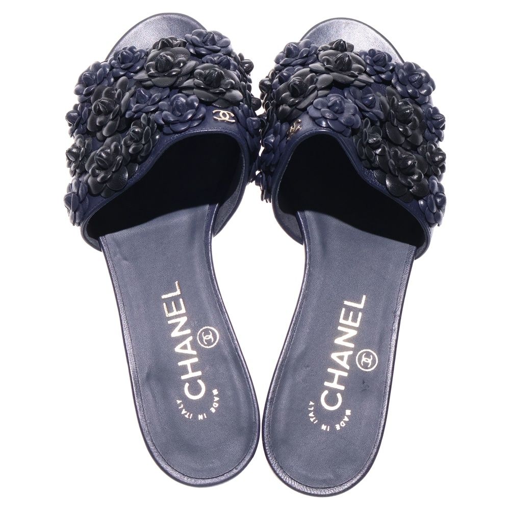 CHANEL (シャネル) ココマーク ロゴプレート カメリア レザー フラット