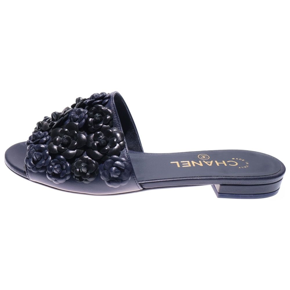 CHANEL (シャネル) ココマーク ロゴプレート カメリア レザー フラット