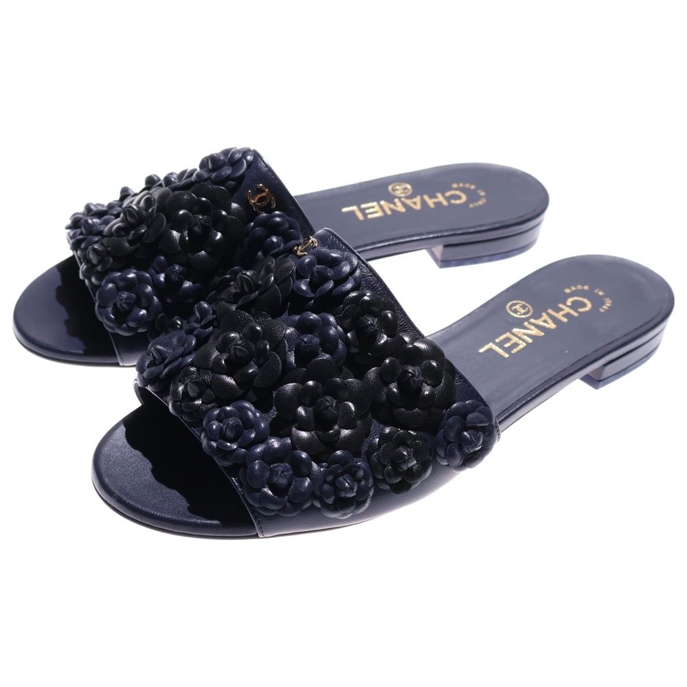 CHANEL シャネル ココマーク ロゴプレート カメリア レザー フラットサンダル シューズ ネイビー ブラック レディース G 34386