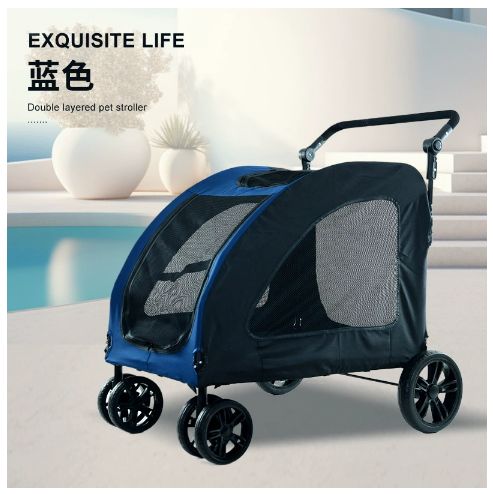 ペットカート 折りたたみ 中型犬 大型犬 猫用 耐荷重55 kg 前輪360度回転 静音設計 通気性 お散歩 介護用 ドッグカート 犬小屋 レッド ワイドサイズ 小型犬２頭余裕サイズ ブルー