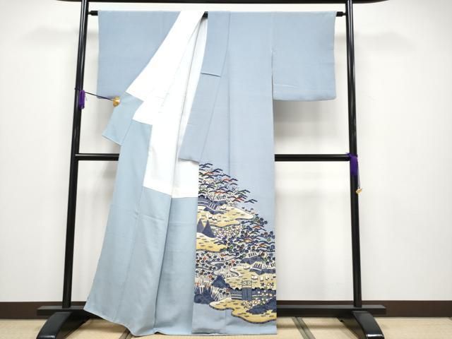 ● 上 浦野理一 金彩友禅 色留袖 茶屋辻 鬼しぼ縮緬 金彩 秘色色地 s 6