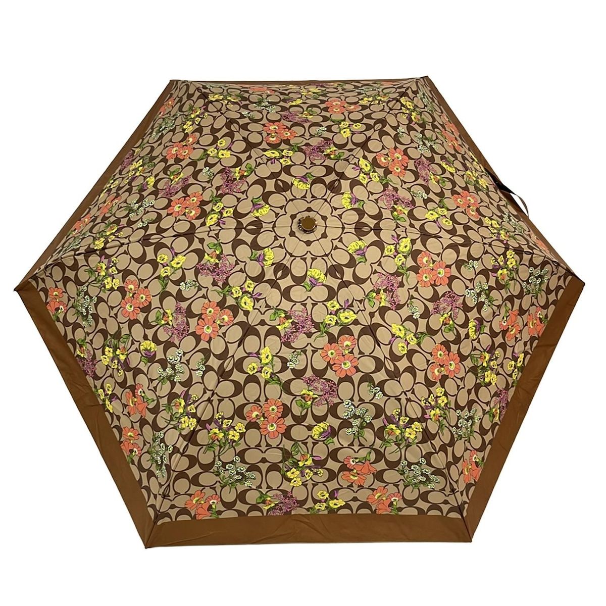 COACH コーチ 折りたたみ傘 - カーキ×オレンジ×マルチ 晴雨兼用折りたたみ傘|花柄|シグネチャー柄