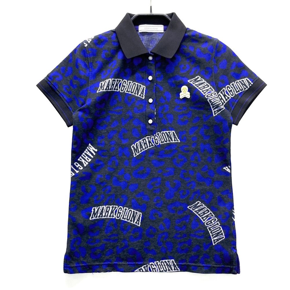 サイズ XS MARK-LONA マークアンドロナ 半袖ポロシャツ レオパード ロゴ総柄 ブルー系 ゴルフウェア レディース ストスト