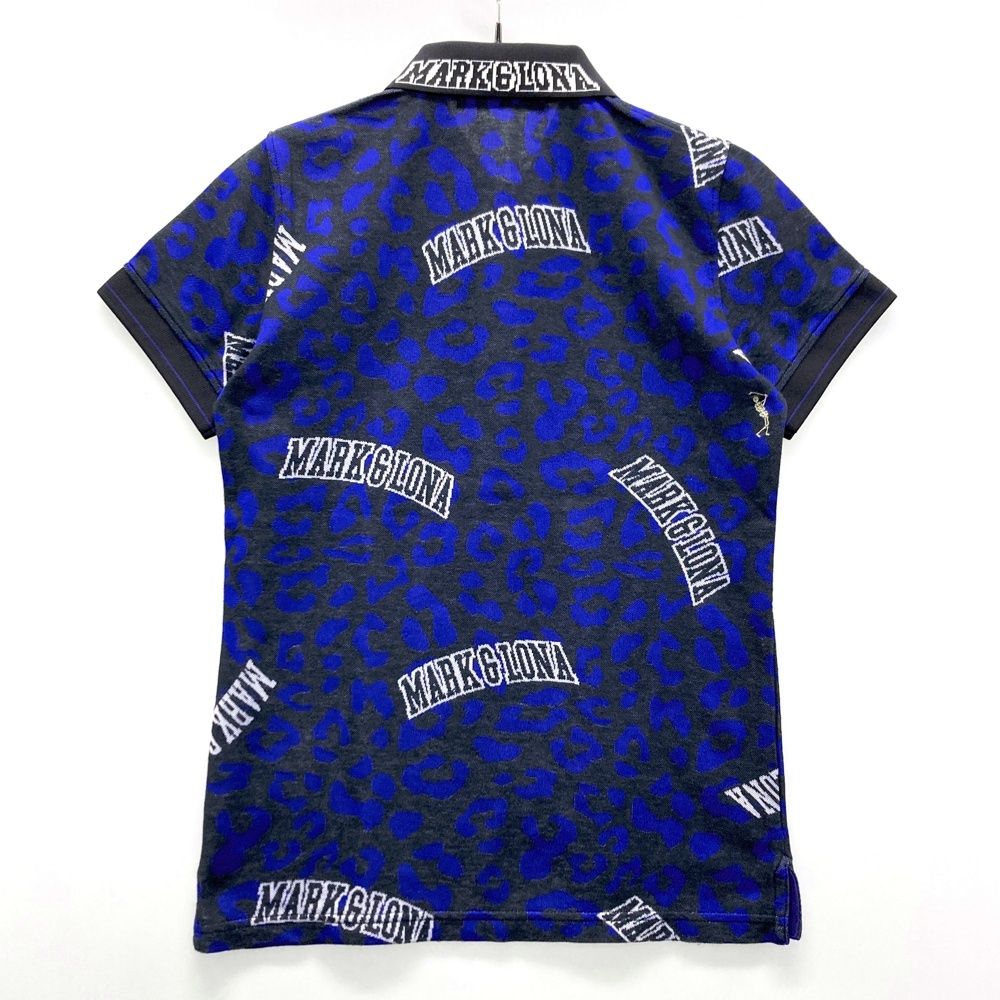 サイズ XS MARK-LONA マークアンドロナ 半袖ポロシャツ レオパード ロゴ総柄 ブルー系 ゴルフウェア レディース ストスト