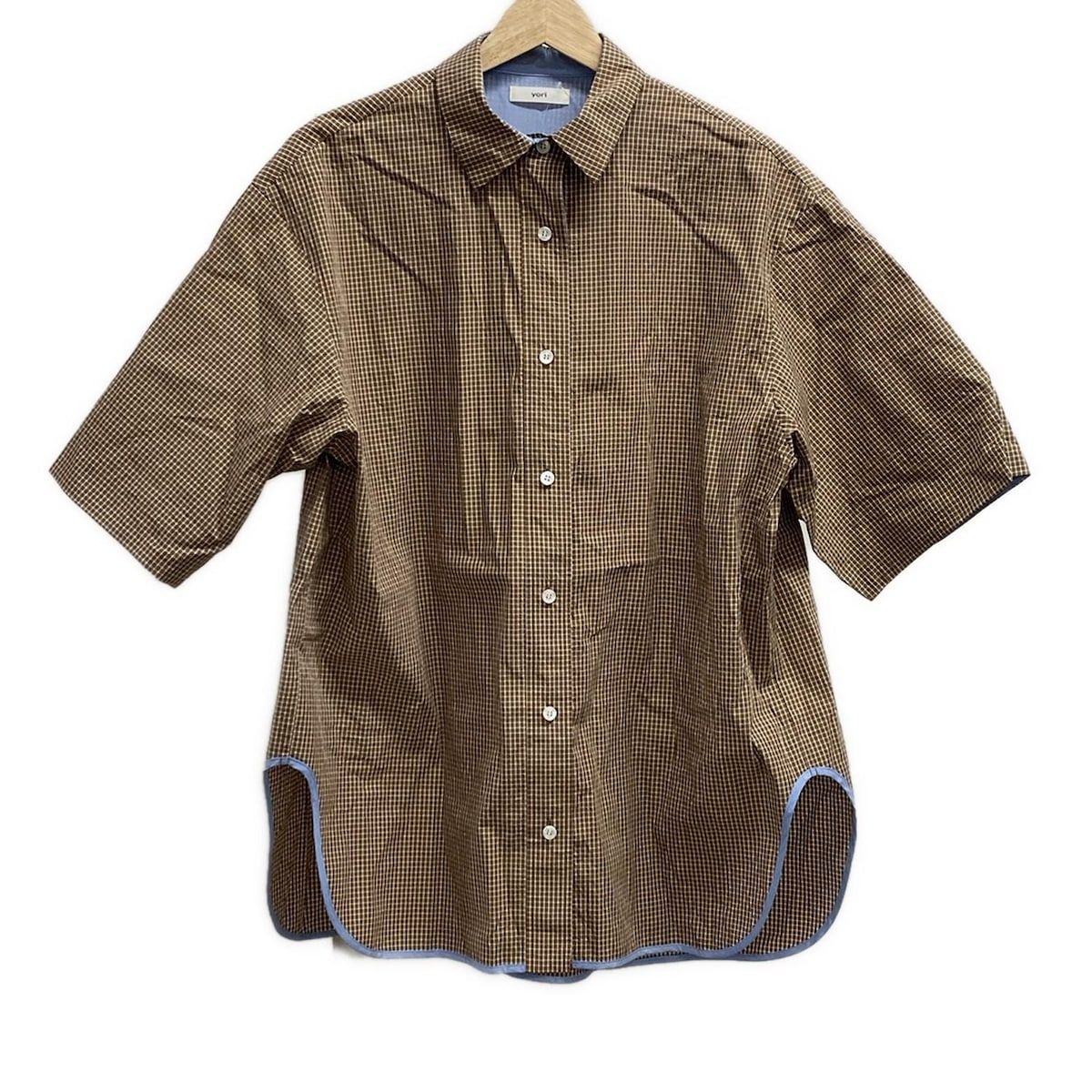 yori ヨリ 半袖シャツブラウス サイズF レディース ダークブラウン 白 チェック柄