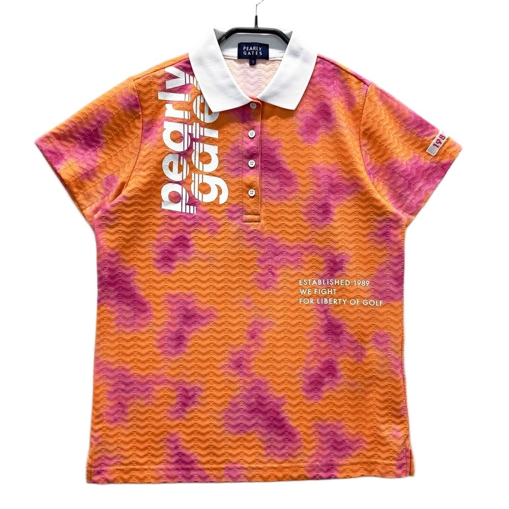 サイズ 1 PEARLY GATES パーリーゲイツ 半袖ポロシャツ 総柄 オレンジ系 ゴルフウェア レディース ストスト