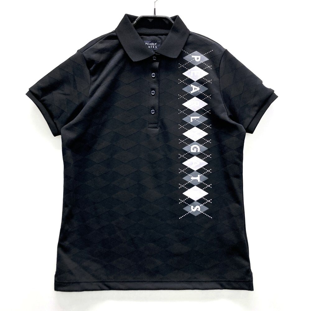 サイズ：1 PEARLY GATES パーリーゲイツ 半袖ポロシャツ ロゴプリント アーガイル ダイヤ柄 ブラック系 [240101503267] ゴルフウェア レディース ストスト