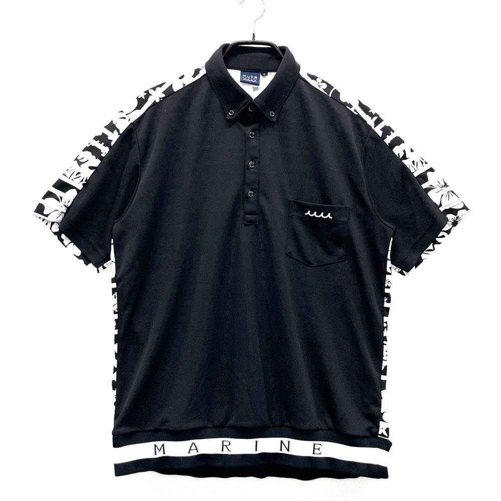 サイズ 7 MUTA MARINE ムータマリン 半袖ポロシャツ ハイビスカス柄 ブラック系 ゴルフウェア メンズ ストスト