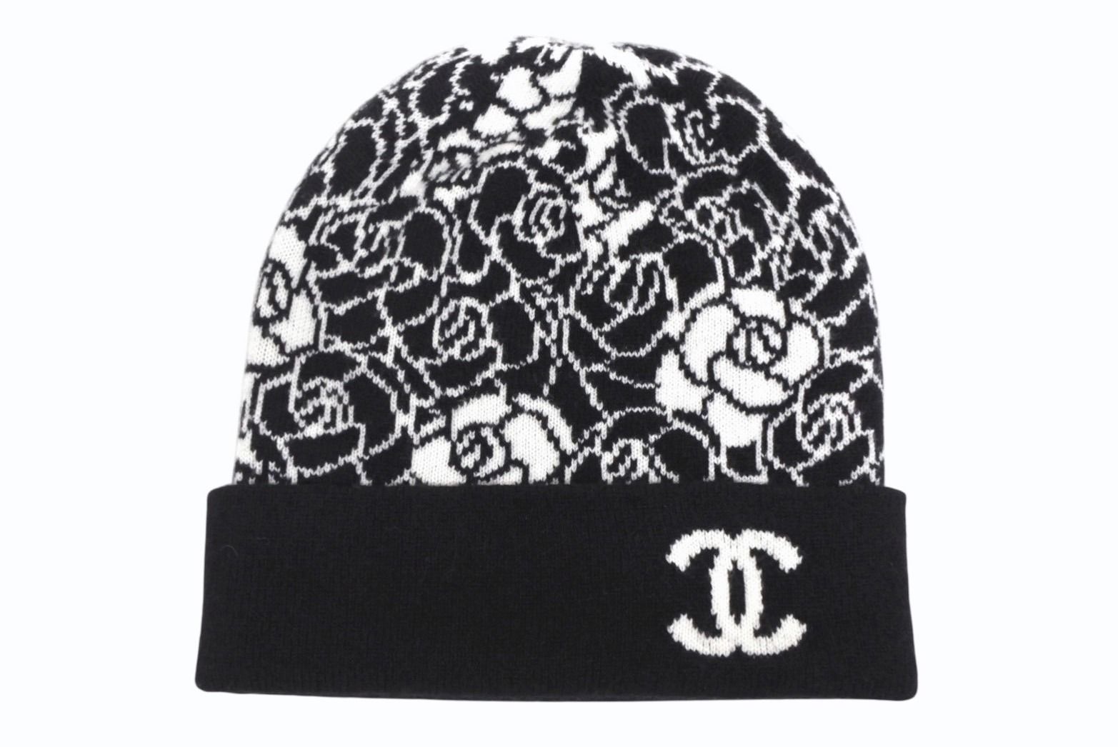 CHANEL シャネル ニットキャップ ビーニー カメリア ココマーク カシミヤ シルク ブラック 4 b 010225