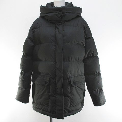 【中古】デンハム DENHAM ダウンコート ミドル丈 36 ブラック フード ジップアップ 切替 ロゴ タグ 裏地 レディース デンハム DENHAM ダウンコート ミドル丈 36 黒系 ブラック フード
