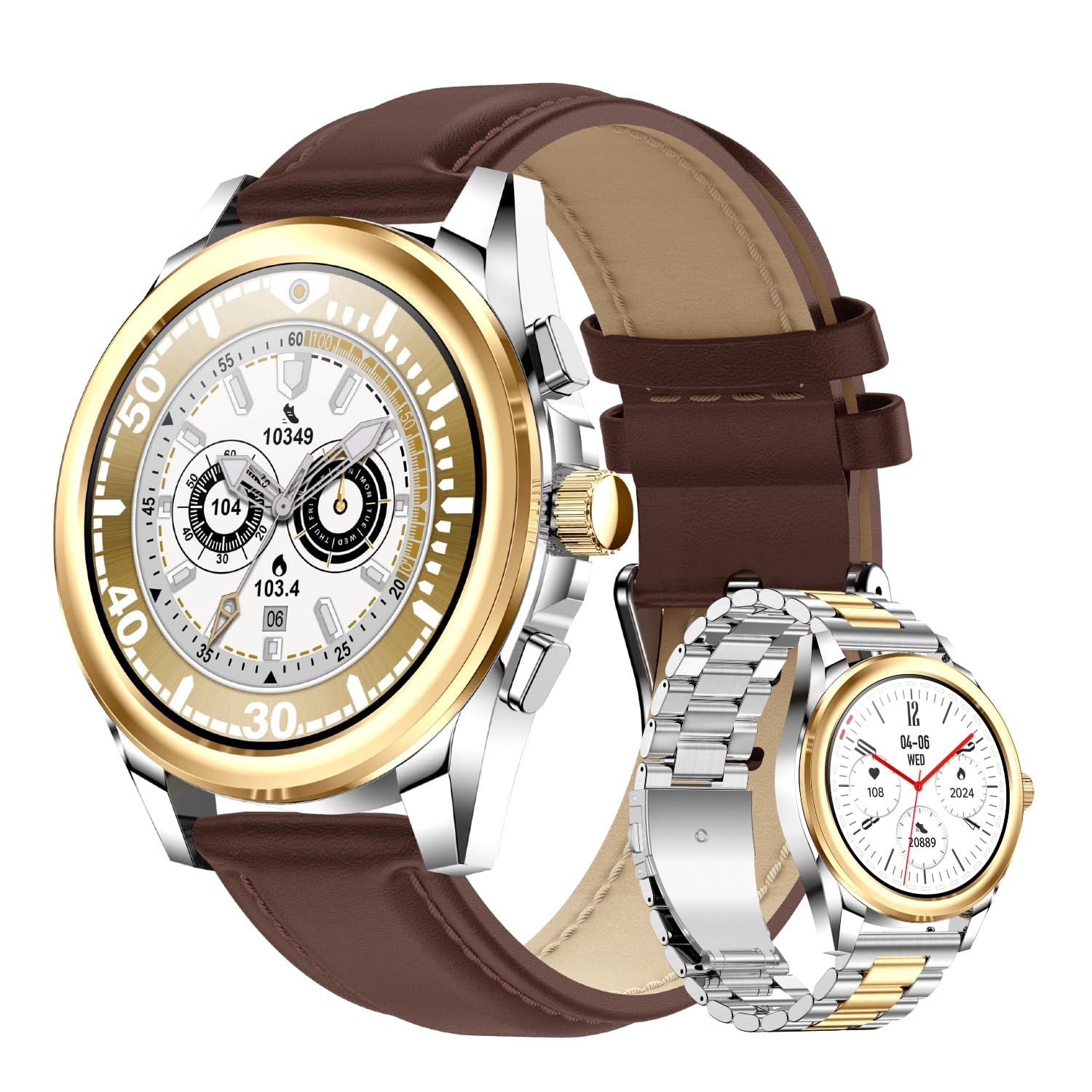 SALE スマートウォッチ 1.43インチ AMOLED 高精細画面 通話機能付き LINE メッセージ通知 100＋運動モード 運動記録 1ATM防水 Rmana スマートウォッチ アンドロイド対応 iphone対応 (鋼ベルト+レザース