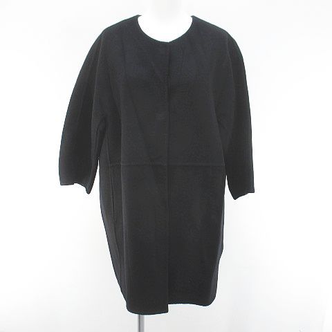 ミューズ MUSE ノーカラーコート ミドル丈 比翼 黒系 ブラック ロゴプレート スナップボタン ポケット 毛 ウール 無地