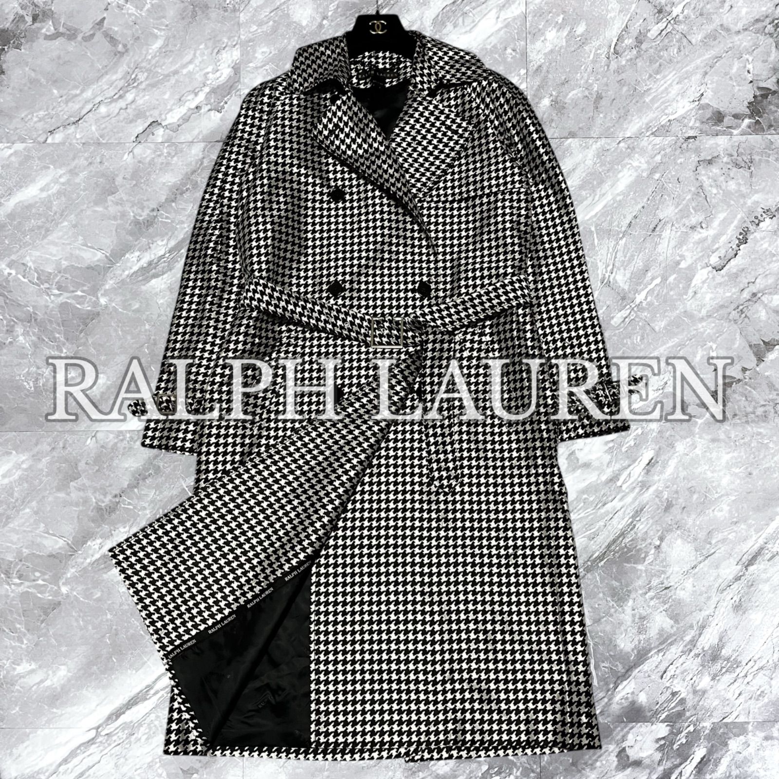 級 RALPH LAUREN ラルフローレン トレンチコート シルク 絹 千鳥格子 ユニオンチケット チンスト付き ブラック 黒色 ホワイト 白色 サイズ6 L相当