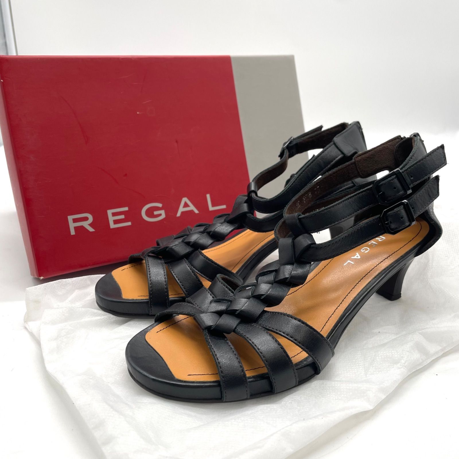 REGAL リーガル サンダル 編み込み ハイヒール 23.5cm ブラック 黒
