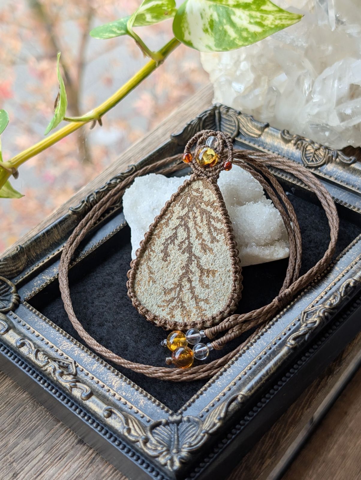 特大 デンドライトライムストーン デンドライト マクラメ編みネックレス 484 マクラメネックレス