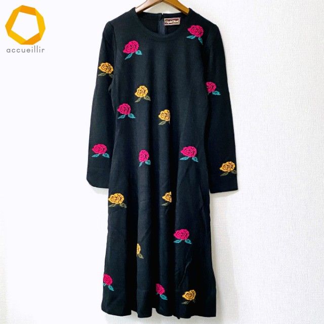 wnc サイトウトヨコ 斉藤都世子 ワンピース 黒 ピンク オレンジ 柄 ニット バックジップ レディース 976418