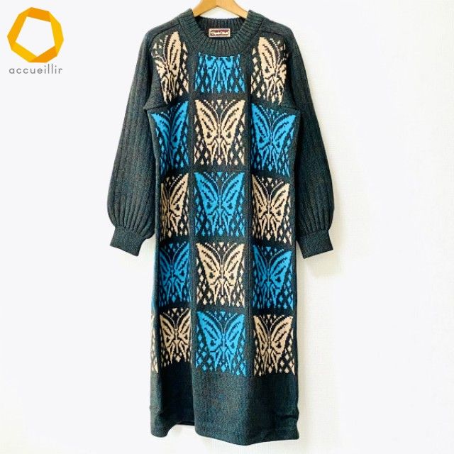 wnc サイトウトヨコ 斉藤都世子 ワンピース 深緑 茶 マルチ ニット