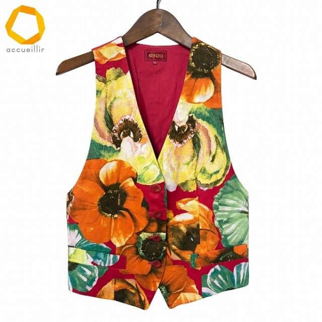 KENZO 花柄 ベスト サイズ2 anc ケンゾー KENZO ベスト ジレ 2 赤 マルチ 花柄 Vネック 麻混